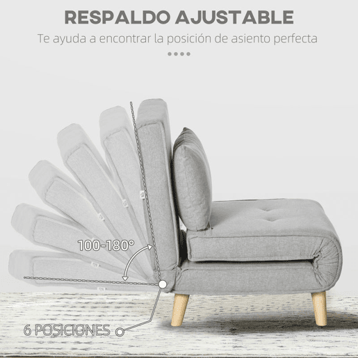 HOMCOM Poltrona 2 em 1 Sofá Cama Individual Dobrável com Encosto Ajustável e Almofada para Sala de Estar Dormitório Escritório Carga 150 kg 72x78x79 cm Cinza