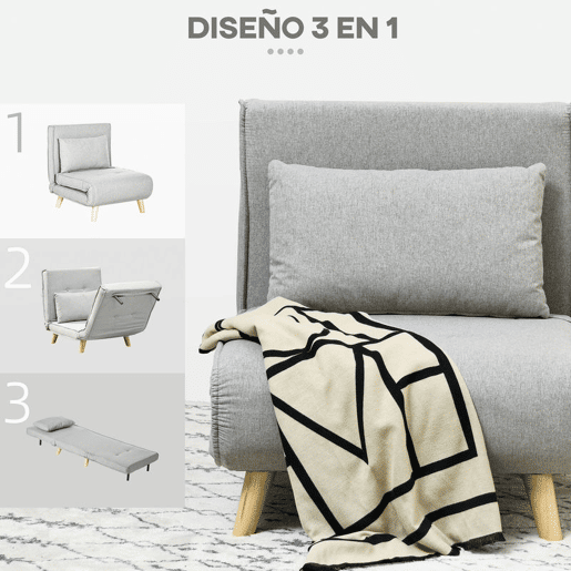 HOMCOM Poltrona 2 em 1 Sofá Cama Individual Dobrável com Encosto Ajustável e Almofada para Sala de Estar Dormitório Escritório Carga 150 kg 72x78x79 cm Cinza