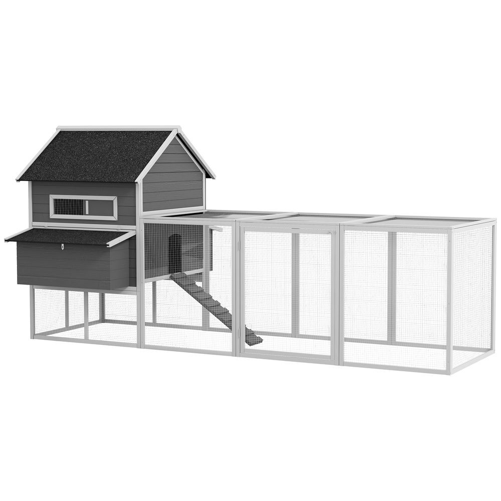 Pawhut gallinero para exterior gallinero de madera jaula grande para 8-10 gallinas con 2 ponederos techo asfáltico bandeja extraíble y rampa 347x160x150 cm gris y blanco