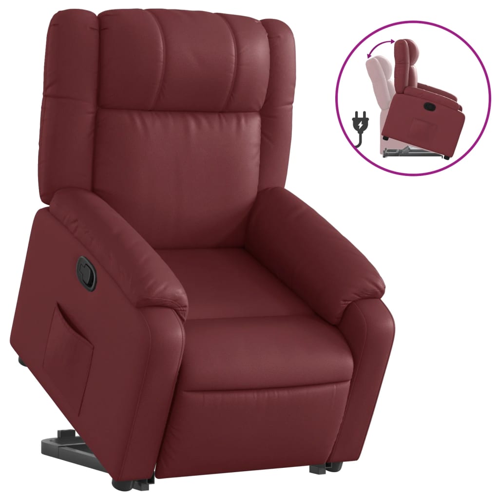 Vidaxl sillón reclinable elevable cuero artificial rojo tinto
