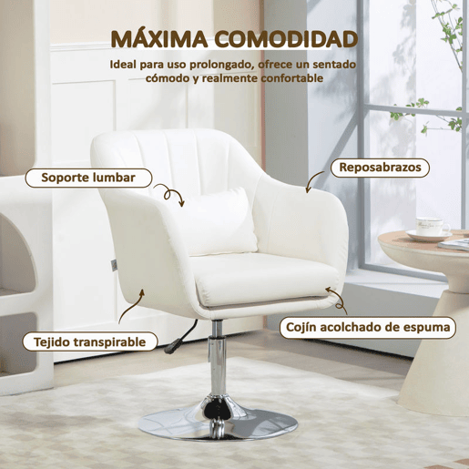 HOMCOM Cadeira de Escritório Giratória 360° Tamborete de Bar Cozinha Cabeleireiro com Encosto Envolvente Altura Ajustável Apoio para os Braços e Almofada 60x60x79-91 cm Branco