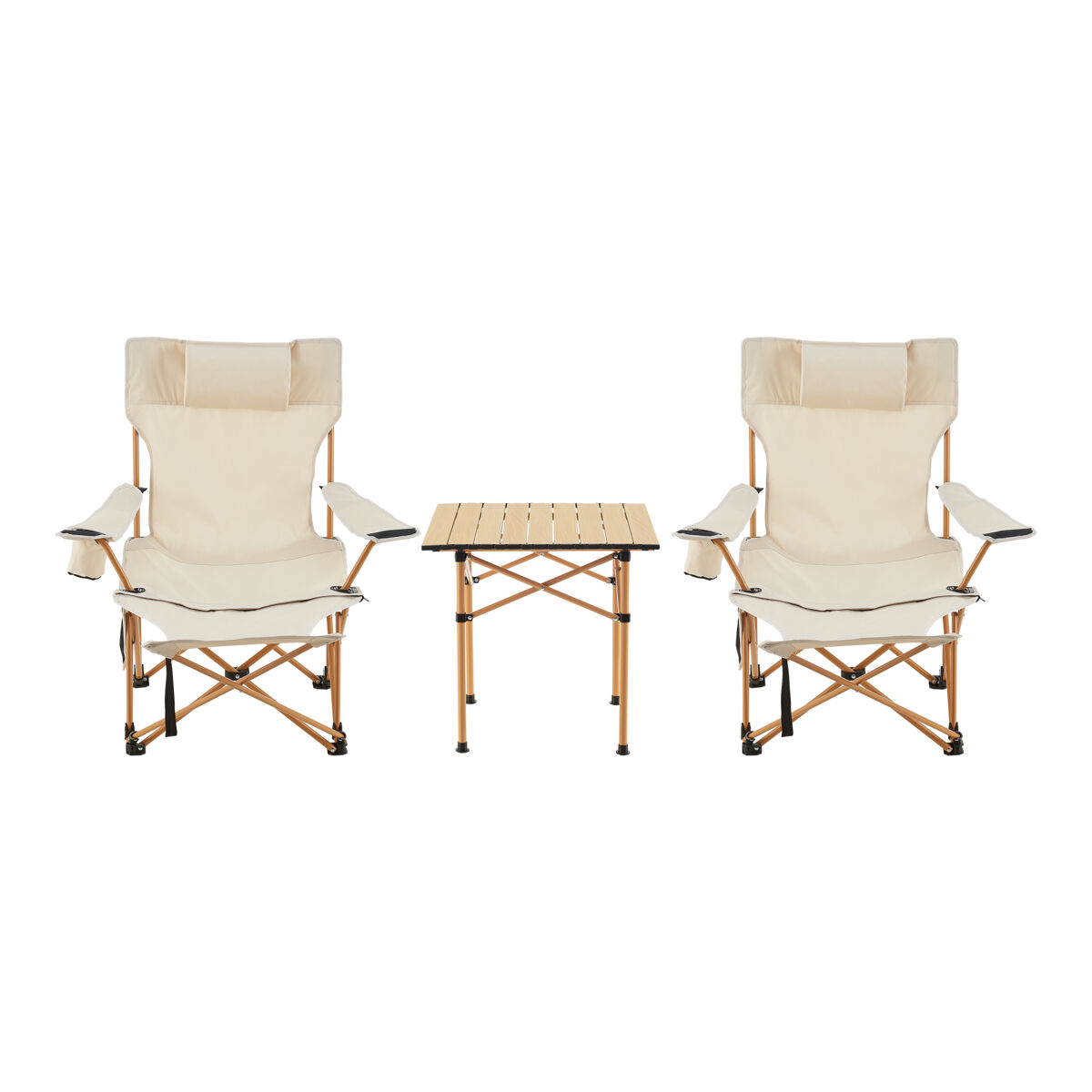Mesa portátil con 2 sillas plegables camping bellante acero tela - beige [casa.pro]
