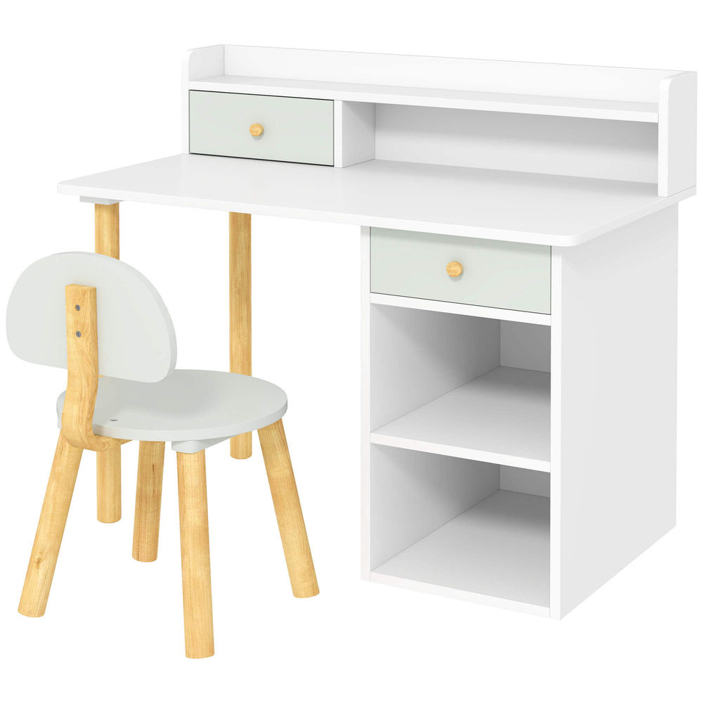 Aiyaplay juego de escritorio y silla para niños de +3 años pupitre infantil con cajones compartimento y estantes para dormitorio sala estudio verde y blanco