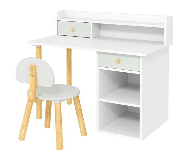 Aiyaplay juego de escritorio y silla para niños de +3 años pupitre infantil con cajones compartimento y estantes para dormitorio sala estudio verde y blanco