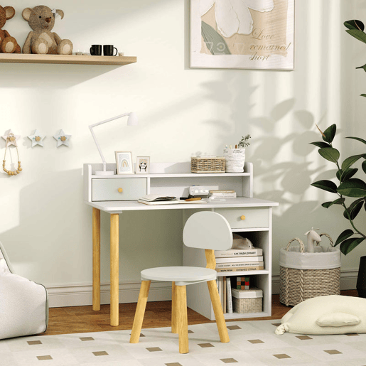 AIYAPLAY Conjunto de Secretária e Cadeira para Crianças acima de 3 Anos Mesa de Estudo com Prateleiras para Livros e Gaveta de Arrumação Carga 80 kg 85x48x73 cm Verde e Branco