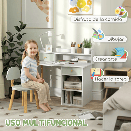 AIYAPLAY Conjunto de Secretária e Cadeira para Crianças acima de 3 Anos Mesa de Estudo com Prateleiras para Livros e Gaveta de Arrumação Carga 80 kg 85x48x73 cm Verde e Branco