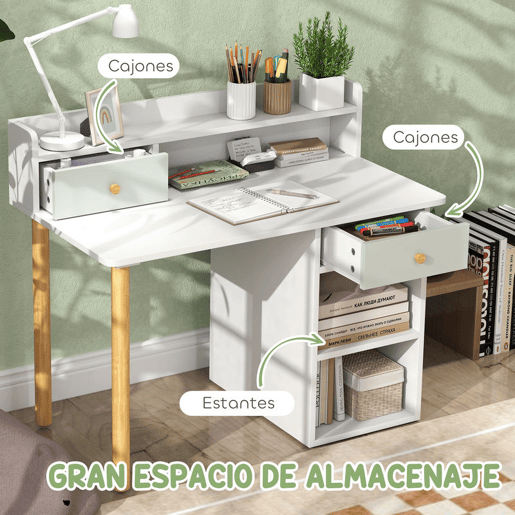 AIYAPLAY Conjunto de Secretária e Cadeira para Crianças acima de 3 Anos Mesa de Estudo com Prateleiras para Livros e Gaveta de Arrumação Carga 80 kg 85x48x73 cm Verde e Branco