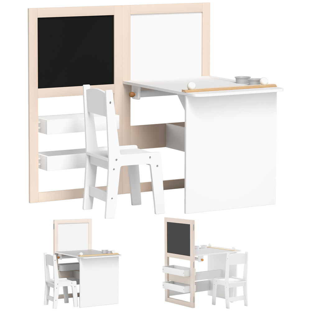 Aiyaplay mesa y silla infantil de 2 piezas mesa infantil con silla y caballete plegable para niños de +3 años con estantes y rollo de papel para dormitorio sala de juegos blanco