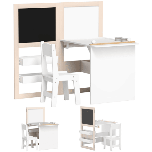 AIYAPLAY Mesa e Cadeira Infantil de 2 Peças Mesa para Crianças com Cadeira Ardósias Dobrável Mesa para Crianças acima de 3 Anos com Prateleiras Rolo de Papel para Dormitório Sala de Jogos Branco