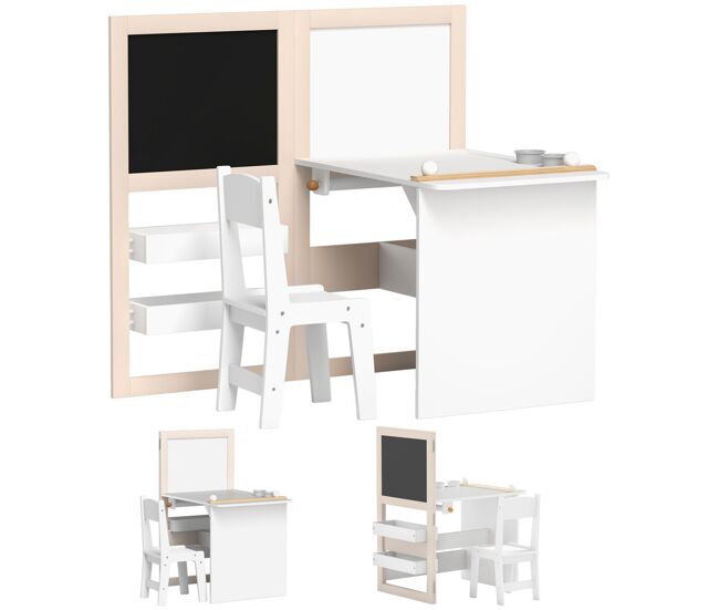 Aiyaplay mesa y silla infantil de 2 piezas mesa infantil con silla y caballete plegable para niños de +3 años con estantes y rollo de papel para dormitorio sala de juegos blanco