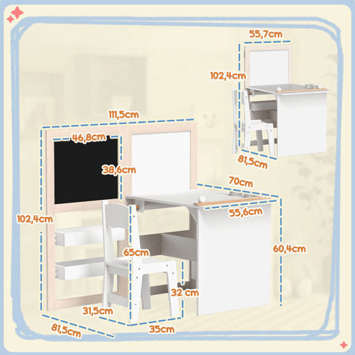 AIYAPLAY Mesa e Cadeira Infantil de 2 Peças Mesa para Crianças com Cadeira Ardósias Dobrável Mesa para Crianças acima de 3 Anos com Prateleiras Rolo de Papel para Dormitório Sala de Jogos Branco