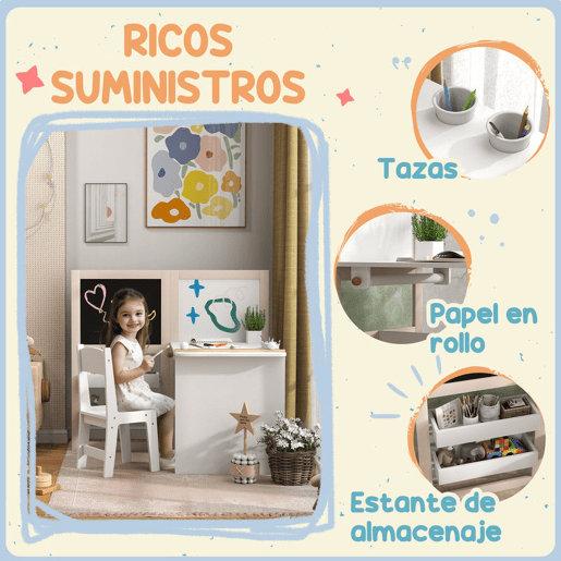 AIYAPLAY Mesa e Cadeira Infantil de 2 Peças Mesa para Crianças com Cadeira Ardósias Dobrável Mesa para Crianças acima de 3 Anos com Prateleiras Rolo de Papel para Dormitório Sala de Jogos Branco