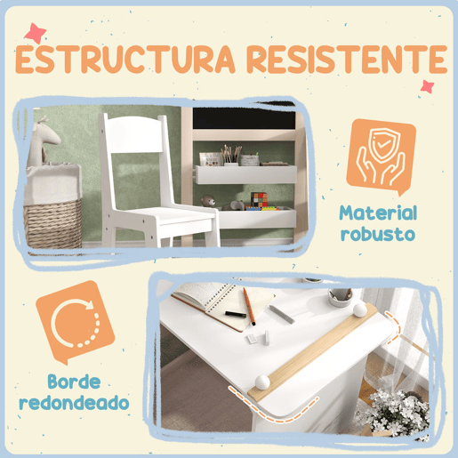 AIYAPLAY Mesa e Cadeira Infantil de 2 Peças Mesa para Crianças com Cadeira Ardósias Dobrável Mesa para Crianças acima de 3 Anos com Prateleiras Rolo de Papel para Dormitório Sala de Jogos Branco