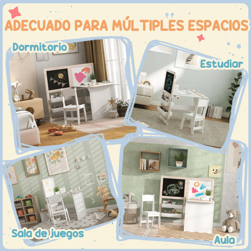 AIYAPLAY Mesa e Cadeira Infantil de 2 Peças Mesa para Crianças com Cadeira Ardósias Dobrável Mesa para Crianças acima de 3 Anos com Prateleiras Rolo de Papel para Dormitório Sala de Jogos Branco