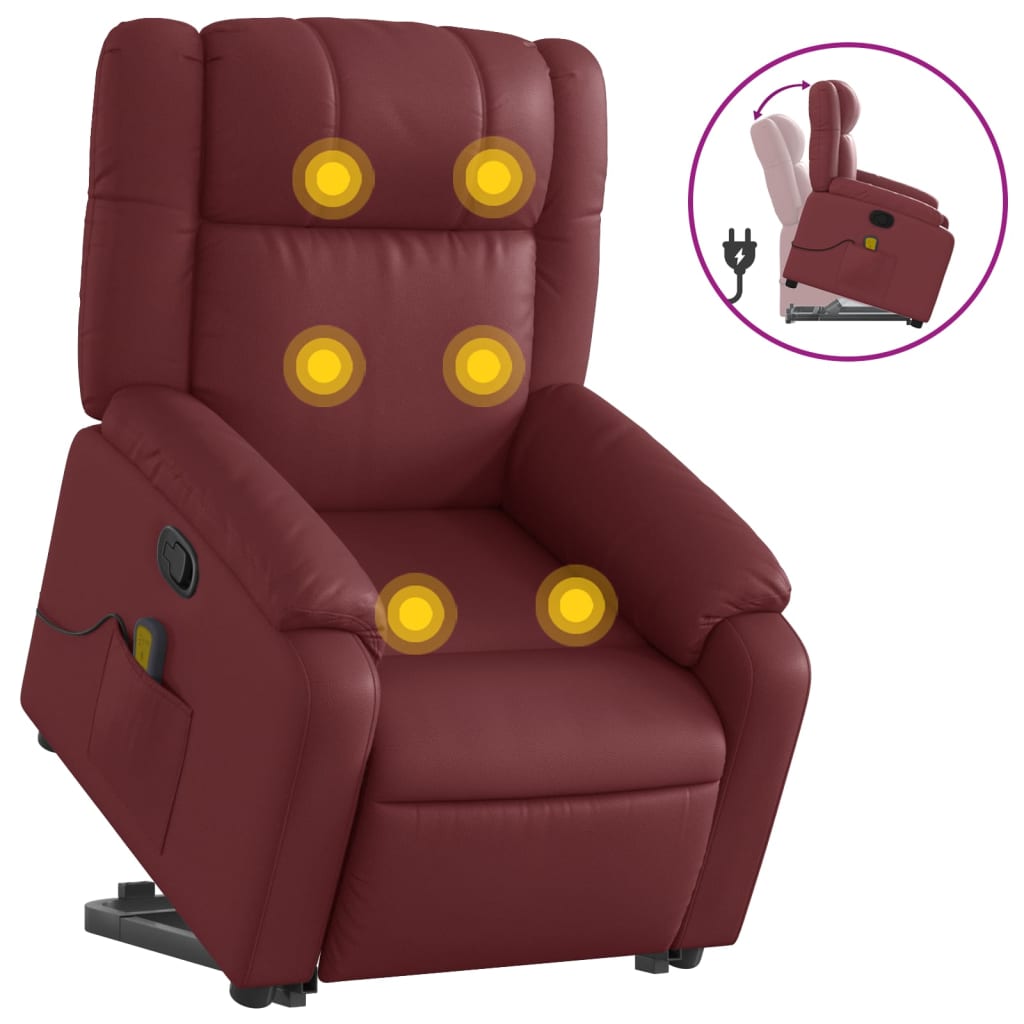 Vidaxl sillón reclinable de masaje de pie cuero artificial rojo tinto