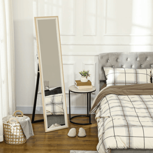 HOMCOM Espelho de Pé 37x157 cm Espelho de Corpo Inteiro com Estrutura de MDF e Suporte para Sala de Estar Dormitório Branco e Madeira Clara