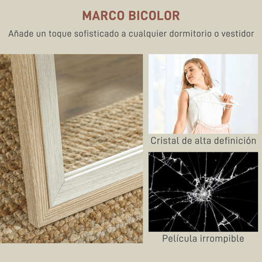 HOMCOM Espelho de Pé 37x157 cm Espelho de Corpo Inteiro com Estrutura de MDF e Suporte para Sala de Estar Dormitório Branco e Madeira Clara