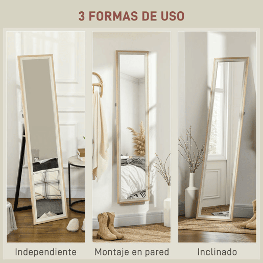 HOMCOM Espelho de Pé 37x157 cm Espelho de Corpo Inteiro com Estrutura de MDF e Suporte para Sala de Estar Dormitório Branco e Madeira Clara