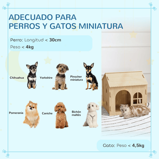 PawHut Casota para Cães Casa para Cães para Interior com Janelas Desenho de Patas Ocas Casa para Cães e Gatos 49,5x41x51 cm Madeira