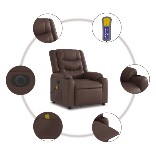 vidaXL Poltrona massagens reclinável elétrica couro artif. castanho vidaXL Poltrona massagens reclinável elétrica couro artif. castanho