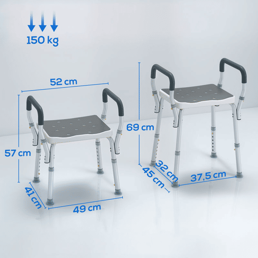 HOMCOM Banco de Duche Cadeira de Duche para Pessoas Idosas com Altura Ajustável Cadeira de Duche de Alumínio Antiderrapante Carga 150 kg para Idosos e Descapacitados 52x45x57-69 cm Cinza