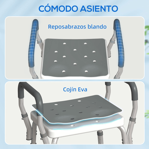 HOMCOM Banco de Duche Cadeira de Duche para Pessoas Idosas com Altura Ajustável Cadeira de Duche de Alumínio Antiderrapante Carga 150 kg para Idosos e Descapacitados 52x45x57-69 cm Cinza