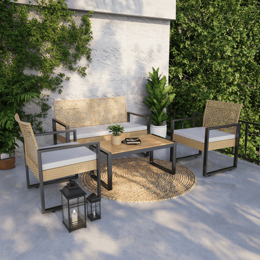 Conjunto de mobiliário de jardim Calciano 4 peças em rotim - NaturalPreto casa.pro