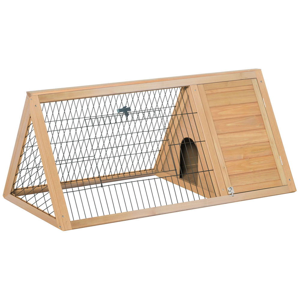 Pawhut conejera de madera 116x62,2x52,5 cm jaula para conejos en forma de triangular con puertas y rejilla metálica madera natural