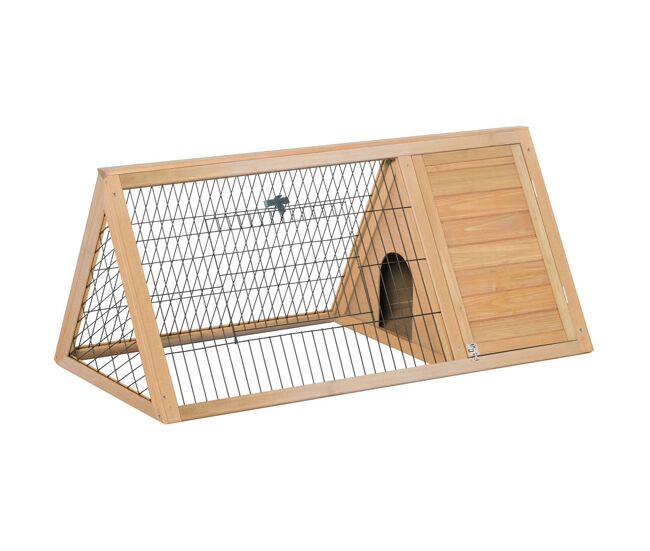 Pawhut conejera de madera 116x62,2x52,5 cm jaula para conejos en forma de triangular con puertas y rejilla metálica madera natural