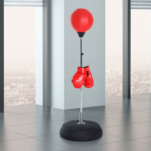 HOMCOM Saco de Boxe de Pé Punching Ball com Altura Ajustável em 4 Níveis 126-144 cm Base Preenchível e Luvas de Boxe para Adultos e Adolescentes Vermelho e Preto