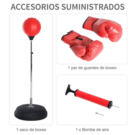 HOMCOM Saco de Boxe de Pé Punching Ball com Altura Ajustável em 4 Níveis 126-144 cm Base Preenchível e Luvas de Boxe para Adultos e Adolescentes Vermelho e Preto