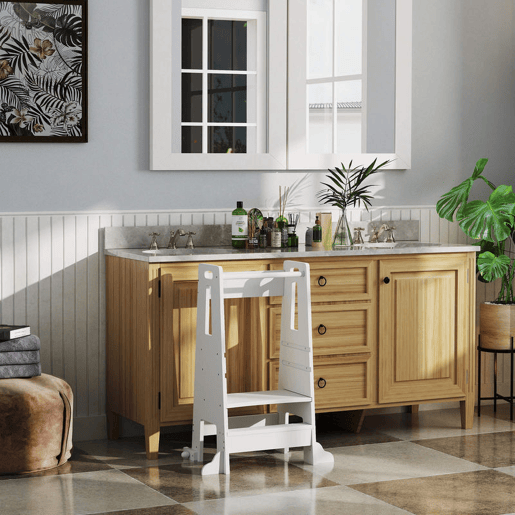 AIYAPLAY Torre de Aprendizagem Torre de Aprendizagem para Crianças acima de 3 Anos com Degrau Altura Ajustável em 3 Níveis e Barreira de Segurança para Casa de Banho Cozinha 45x47,5x91 cm Branco