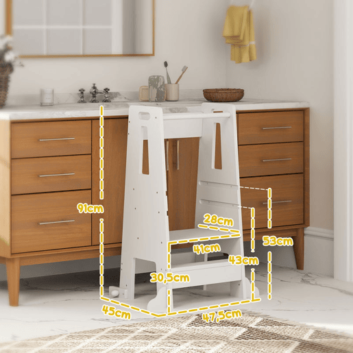AIYAPLAY Torre de Aprendizagem Torre de Aprendizagem para Crianças acima de 3 Anos com Degrau Altura Ajustável em 3 Níveis e Barreira de Segurança para Casa de Banho Cozinha 45x47,5x91 cm Branco