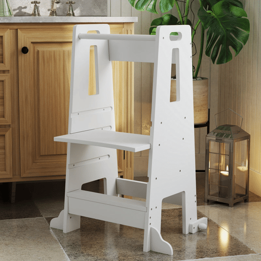 AIYAPLAY Torre de Aprendizagem Torre de Aprendizagem para Crianças acima de 3 Anos com Degrau Altura Ajustável em 3 Níveis e Barreira de Segurança para Casa de Banho Cozinha 45x47,5x91 cm Branco