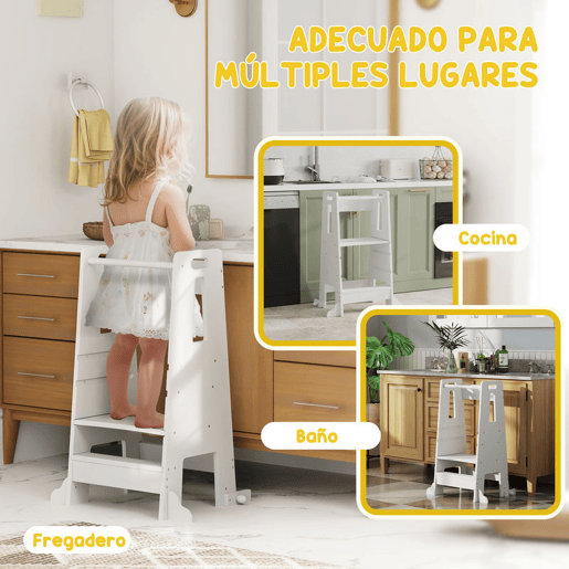 AIYAPLAY Torre de Aprendizagem Torre de Aprendizagem para Crianças acima de 3 Anos com Degrau Altura Ajustável em 3 Níveis e Barreira de Segurança para Casa de Banho Cozinha 45x47,5x91 cm Branco