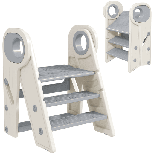 AIYAPLAY Banco para Crianças Dobrável Torre de Aprendizagem Escada para Crianças de 18-60 Meses Antiderrapante para Casa de Banho Cozinha Dormitório 46,5x47x61,5 cm Cinza e Branco