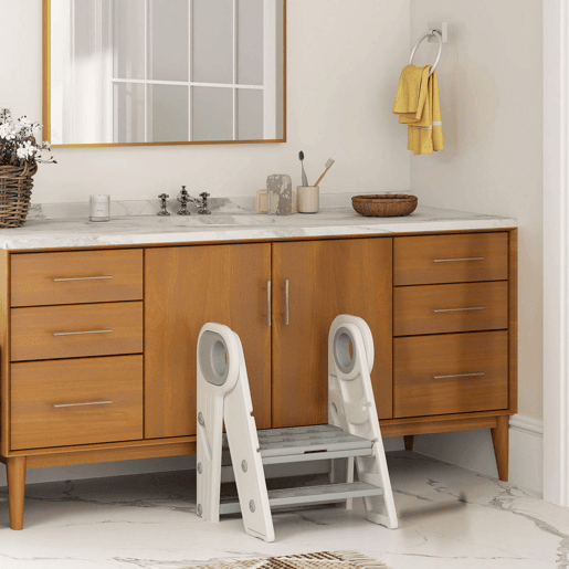 AIYAPLAY Banco para Crianças Dobrável Torre de Aprendizagem Escada para Crianças de 18-60 Meses Antiderrapante para Casa de Banho Cozinha Dormitório 46,5x47x61,5 cm Cinza e Branco