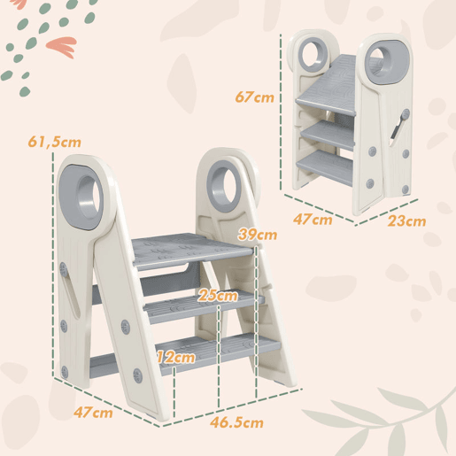 AIYAPLAY Banco para Crianças Dobrável Torre de Aprendizagem Escada para Crianças de 18-60 Meses Antiderrapante para Casa de Banho Cozinha Dormitório 46,5x47x61,5 cm Cinza e Branco