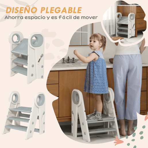 AIYAPLAY Banco para Crianças Dobrável Torre de Aprendizagem Escada para Crianças de 18-60 Meses Antiderrapante para Casa de Banho Cozinha Dormitório 46,5x47x61,5 cm Cinza e Branco