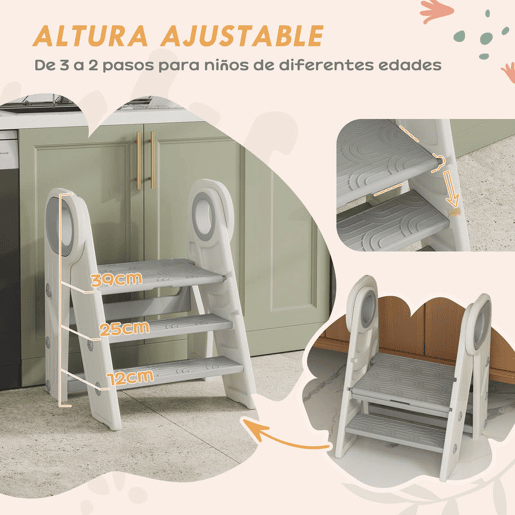 AIYAPLAY Banco para Crianças Dobrável Torre de Aprendizagem Escada para Crianças de 18-60 Meses Antiderrapante para Casa de Banho Cozinha Dormitório 46,5x47x61,5 cm Cinza e Branco