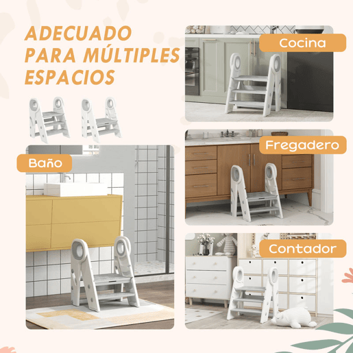 AIYAPLAY Banco para Crianças Dobrável Torre de Aprendizagem Escada para Crianças de 18-60 Meses Antiderrapante para Casa de Banho Cozinha Dormitório 46,5x47x61,5 cm Cinza e Branco