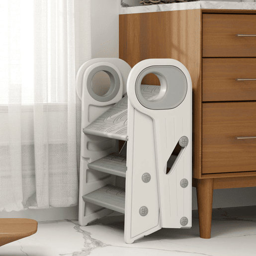 AIYAPLAY Banco para Crianças Dobrável Torre de Aprendizagem Escada para Crianças de 18-60 Meses Antiderrapante para Casa de Banho Cozinha Dormitório 46,5x47x61,5 cm Cinza e Branco
