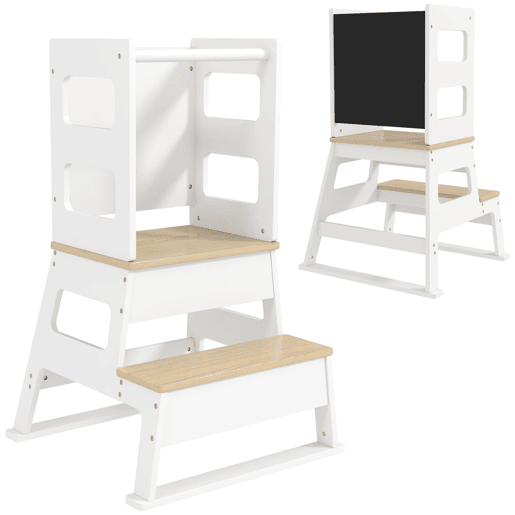 AIYAPLAY Torre de Aprendizagem 2 em 1 Banco de Aprendizagem para Crianças dos 3-6 Anos com Quadro e Grade de Segurança para Casa de Banho e Cozinha 55x52,5x87,5 cm Branco