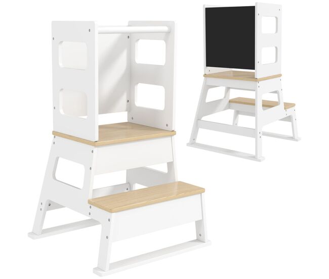 Aiyaplay torre de aprendizaje 2 en 1 taburete de aprendizaje para niños de 3-6 años con pizarra y barrera de seguridad para baño cocina 55x52,5x87,5 cm blanco