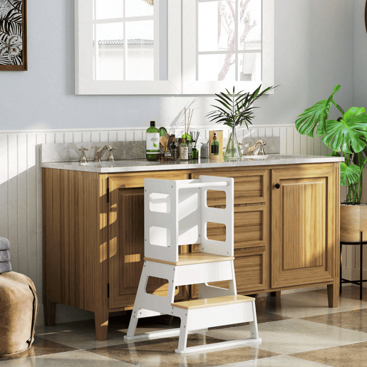AIYAPLAY Torre de Aprendizagem 2 em 1 Banco de Aprendizagem para Crianças dos 3-6 Anos com Quadro e Grade de Segurança para Casa de Banho e Cozinha 55x52,5x87,5 cm Branco