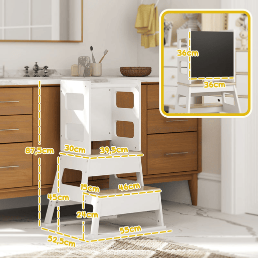 AIYAPLAY Torre de Aprendizagem 2 em 1 Banco de Aprendizagem para Crianças dos 3-6 Anos com Quadro e Grade de Segurança para Casa de Banho e Cozinha 55x52,5x87,5 cm Branco