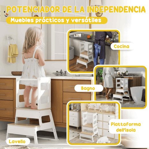 AIYAPLAY Torre de Aprendizagem 2 em 1 Banco de Aprendizagem para Crianças dos 3-6 Anos com Quadro e Grade de Segurança para Casa de Banho e Cozinha 55x52,5x87,5 cm Branco
