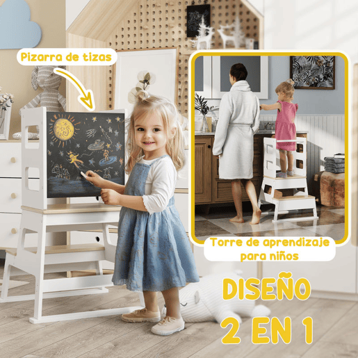 AIYAPLAY Torre de Aprendizagem 2 em 1 Banco de Aprendizagem para Crianças dos 3-6 Anos com Quadro e Grade de Segurança para Casa de Banho e Cozinha 55x52,5x87,5 cm Branco