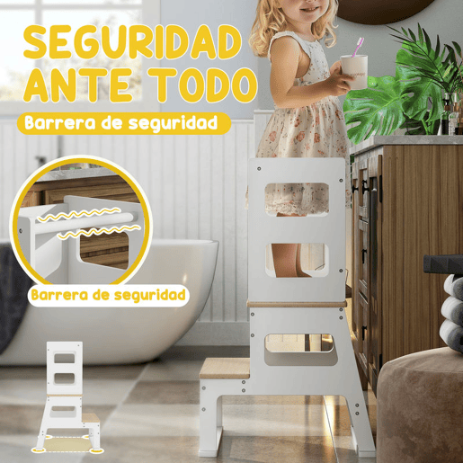 AIYAPLAY Torre de Aprendizagem 2 em 1 Banco de Aprendizagem para Crianças dos 3-6 Anos com Quadro e Grade de Segurança para Casa de Banho e Cozinha 55x52,5x87,5 cm Branco