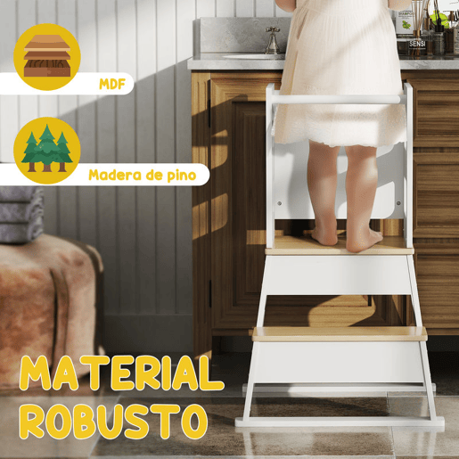 AIYAPLAY Torre de Aprendizagem 2 em 1 Banco de Aprendizagem para Crianças dos 3-6 Anos com Quadro e Grade de Segurança para Casa de Banho e Cozinha 55x52,5x87,5 cm Branco